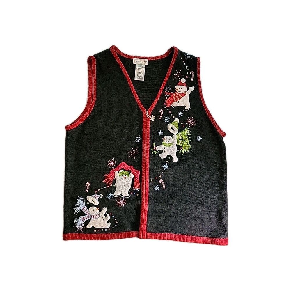 Vintage Y2K Christmas Sweater Vest Sequin Beading Snowman  XLarge Embroidered